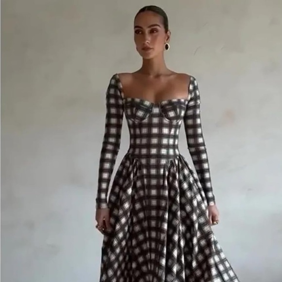 Elegant Plaid A-line Dress for Women Square Neck Backless Long Sleeves Slim Dres - Picture 2 of 15